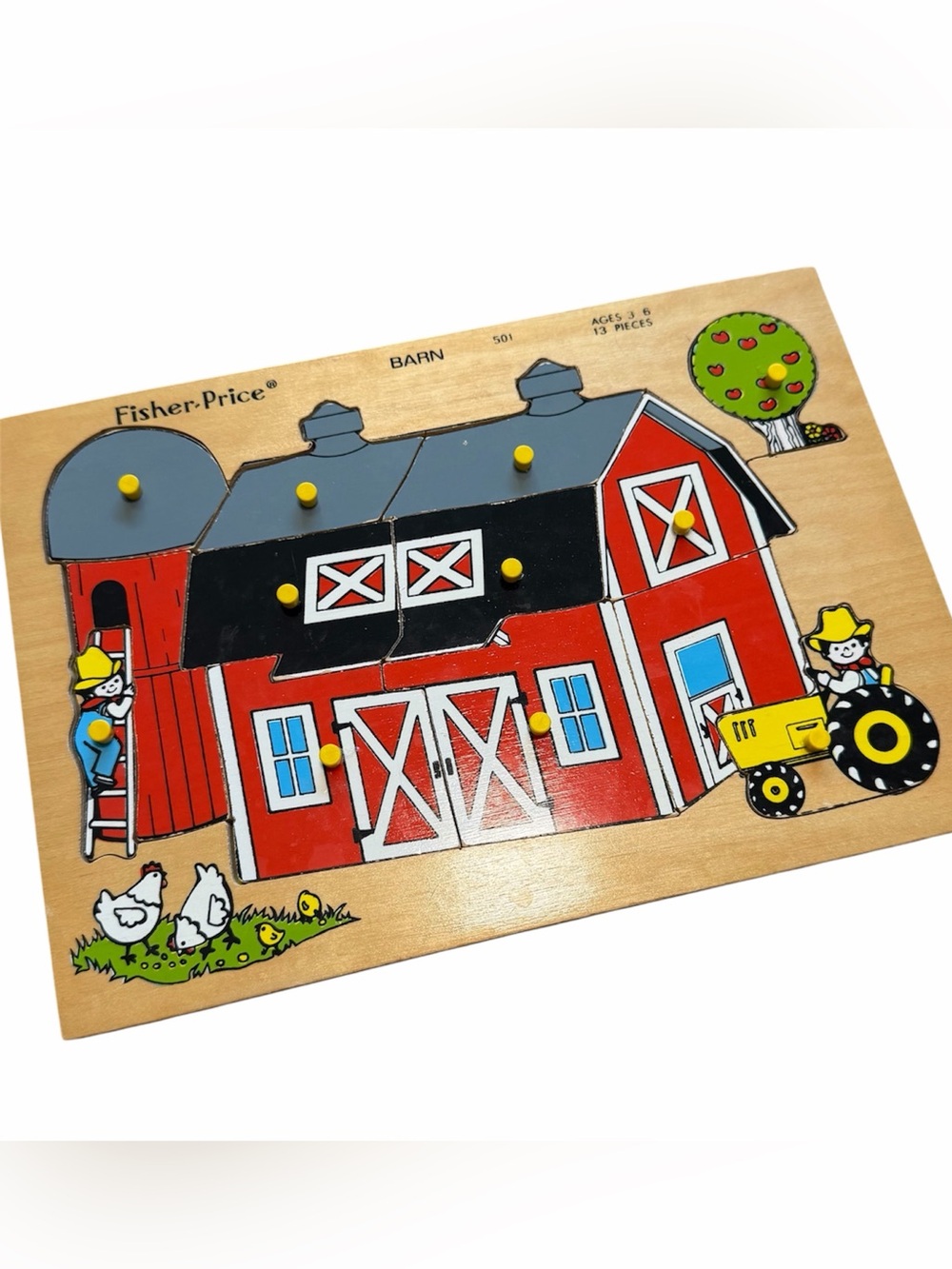 Vintage Fisher-Price #501 Barn Wooden Puzzle 13 Pc Complete 1970s